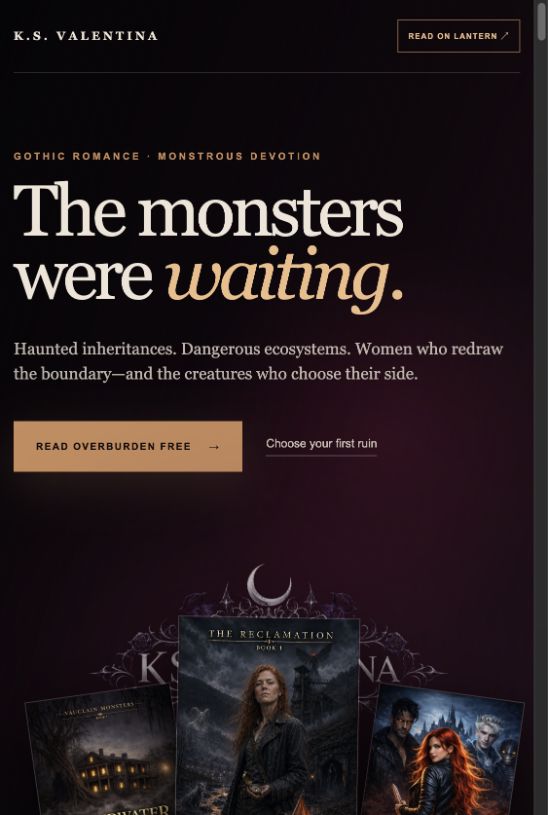 Actual K.S. Valentina homepage with its reader promise and Overburden link